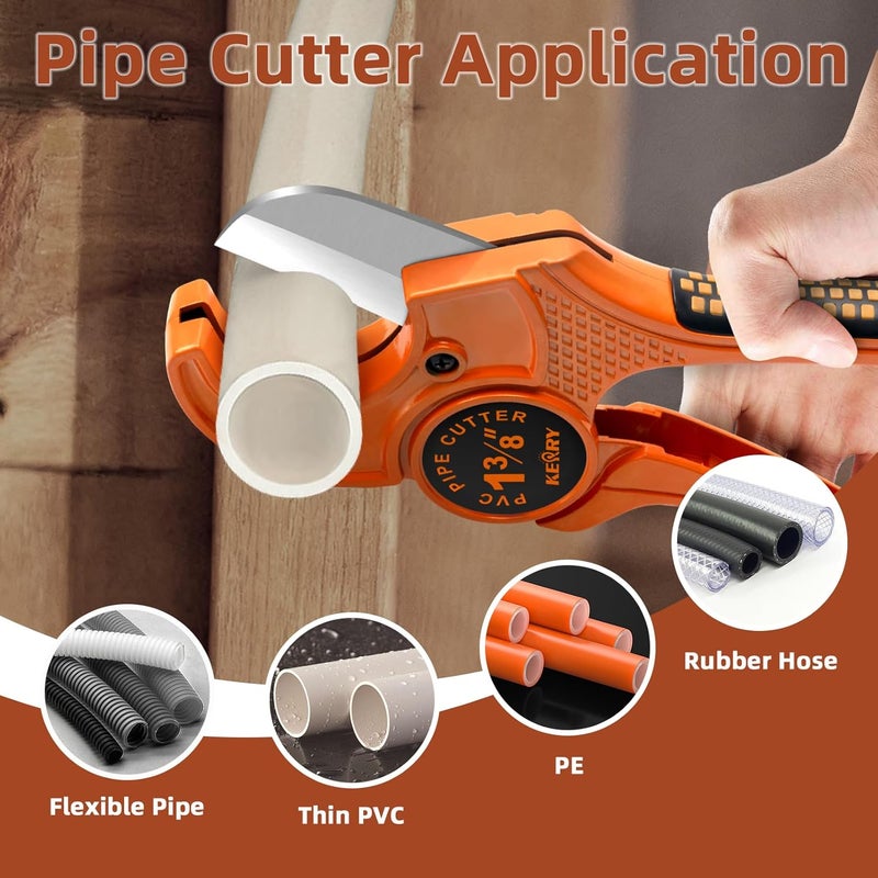 KERRY Hose Pipe Cutter, Up to 1-3/8" Ratcheting Heavy-Duty PEX POLY PE Plastic Hoses and Plumbing Tube Cutting Tool, Sharp Stainless Steel Blades, Thicken Aluminum Body Extended Handle - Image 4